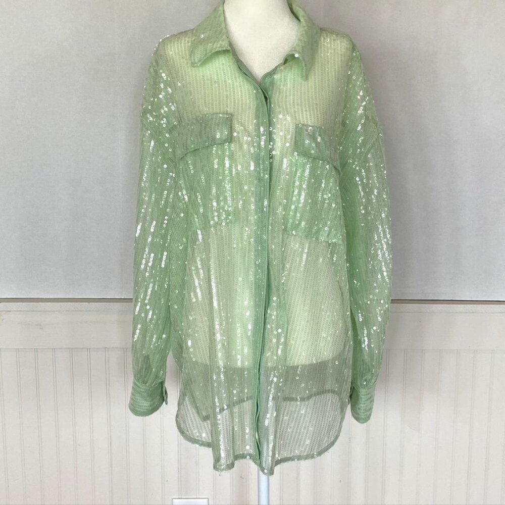 Pistachio Green Sheer Sequined Blouse Sz L NWT